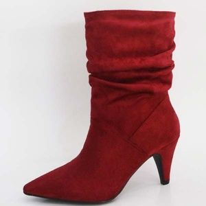 BAMBOO Cognac Ankle High Booties Side Zipper Faux Suede Womens Cuban Heels